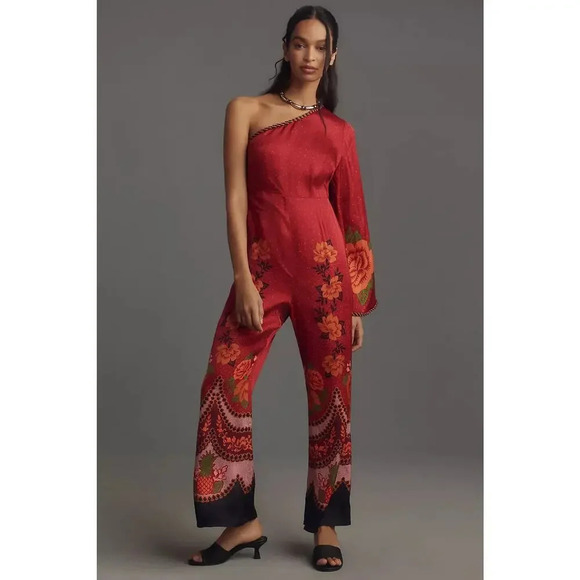 NWD Farm Rio x Anthropologie One-Shoulder Printed Satin Jumpsuit Sz S Red 9D403 - Picture 1 of 16